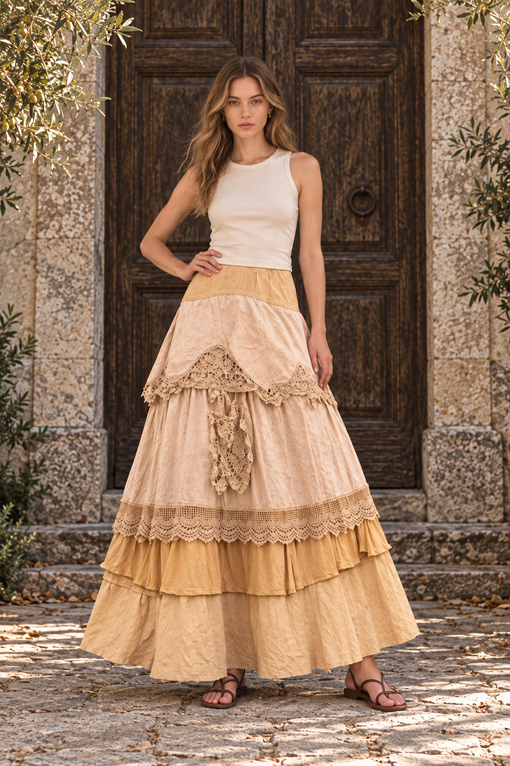 Plus Size Women's Summer Vintage Ruffles Oversized Lace Maxi Skirts Main image