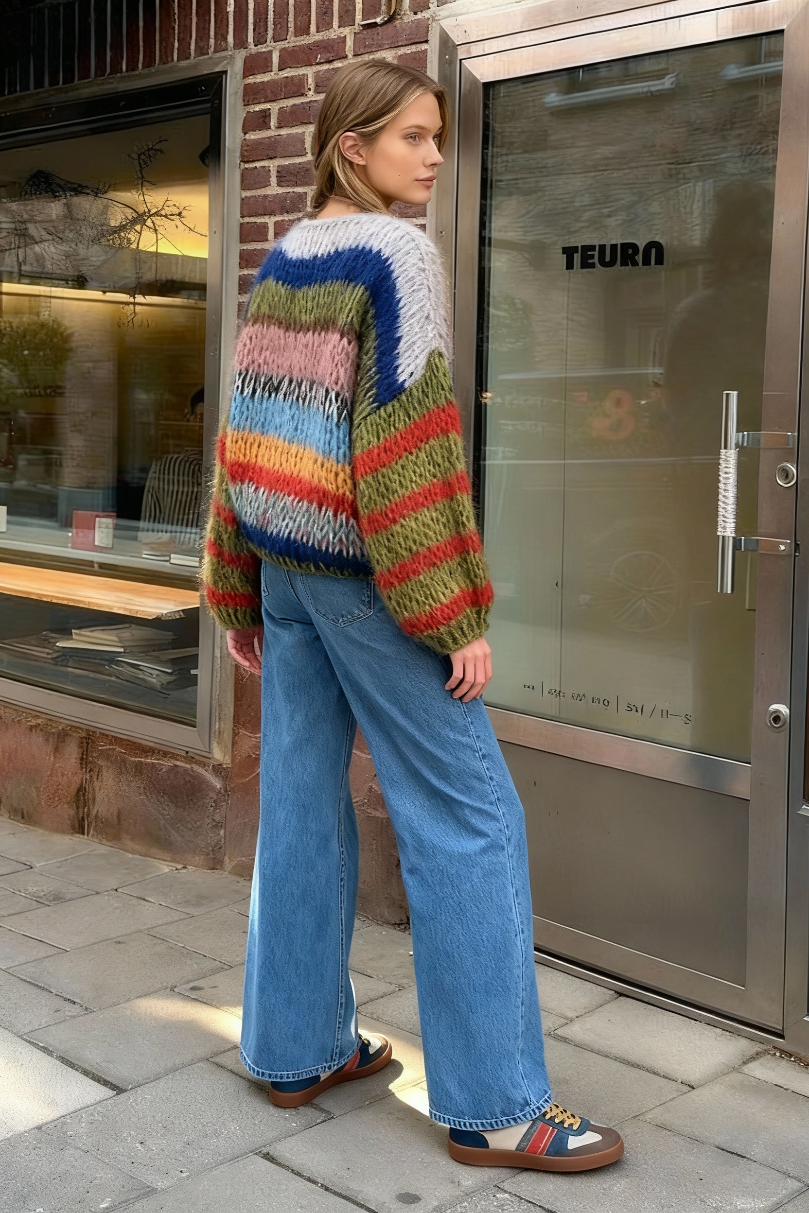 Fashion Contrasting O Neck Hollow Out Knitted Pullover Women Long Sleeve Loose Sweater Secondary image