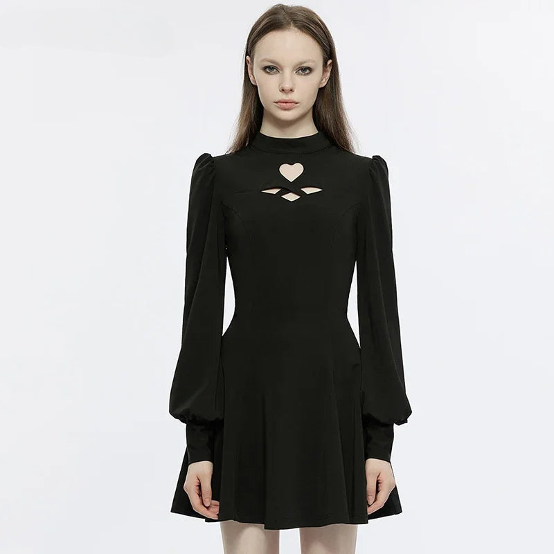 Heart-shaped Hollowing Puff Princess Sleeves Gothic Daily Party Club  Black Gothic Dress Main image