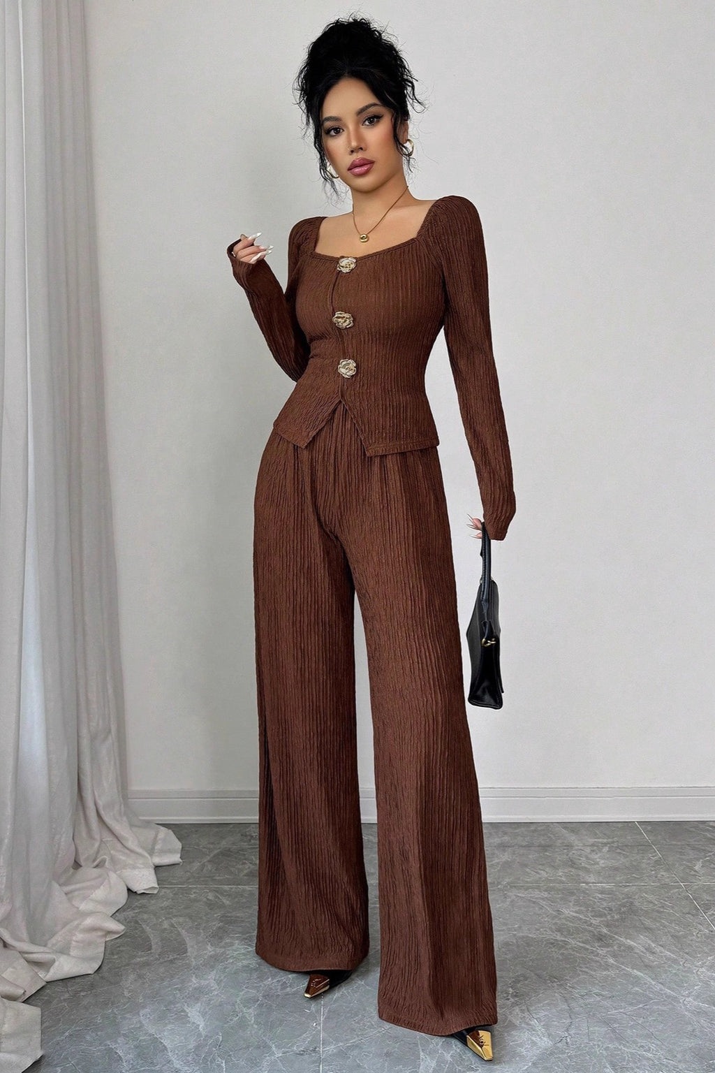Rose Button Square Neck Top Wide Leg Pants Two Piece Set