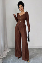 Rose Button Square Neck Top Wide Leg Pants Two Piece Set