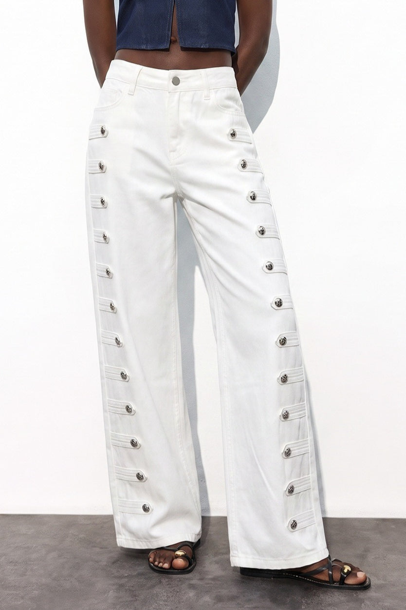 Side Snap High Waist Wide Leg Jeans
