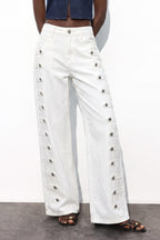Side Snap High Waist Wide Leg Jeans