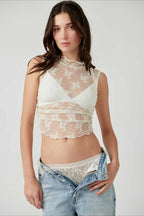 Sheer Lace High Neck Sleeveless Crop Top