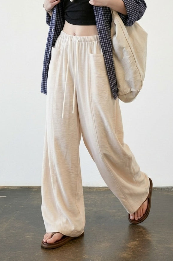 Linen Blend Relaxed Wide Leg Draped Pants Main image