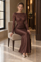 Sheer Lace Panel Ruched Satin Mermaid Maxi Lace Dress