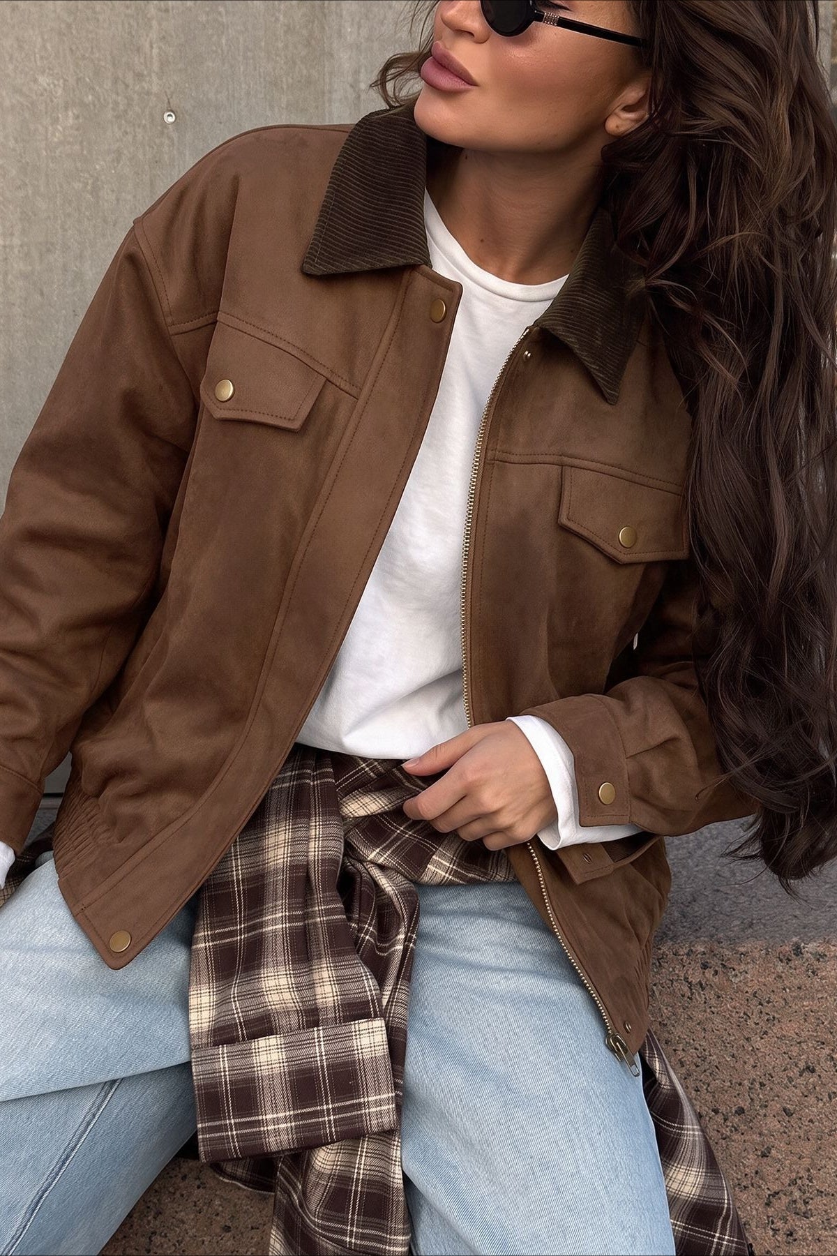Contrast Collar Chest Pocket Zip Front Coat