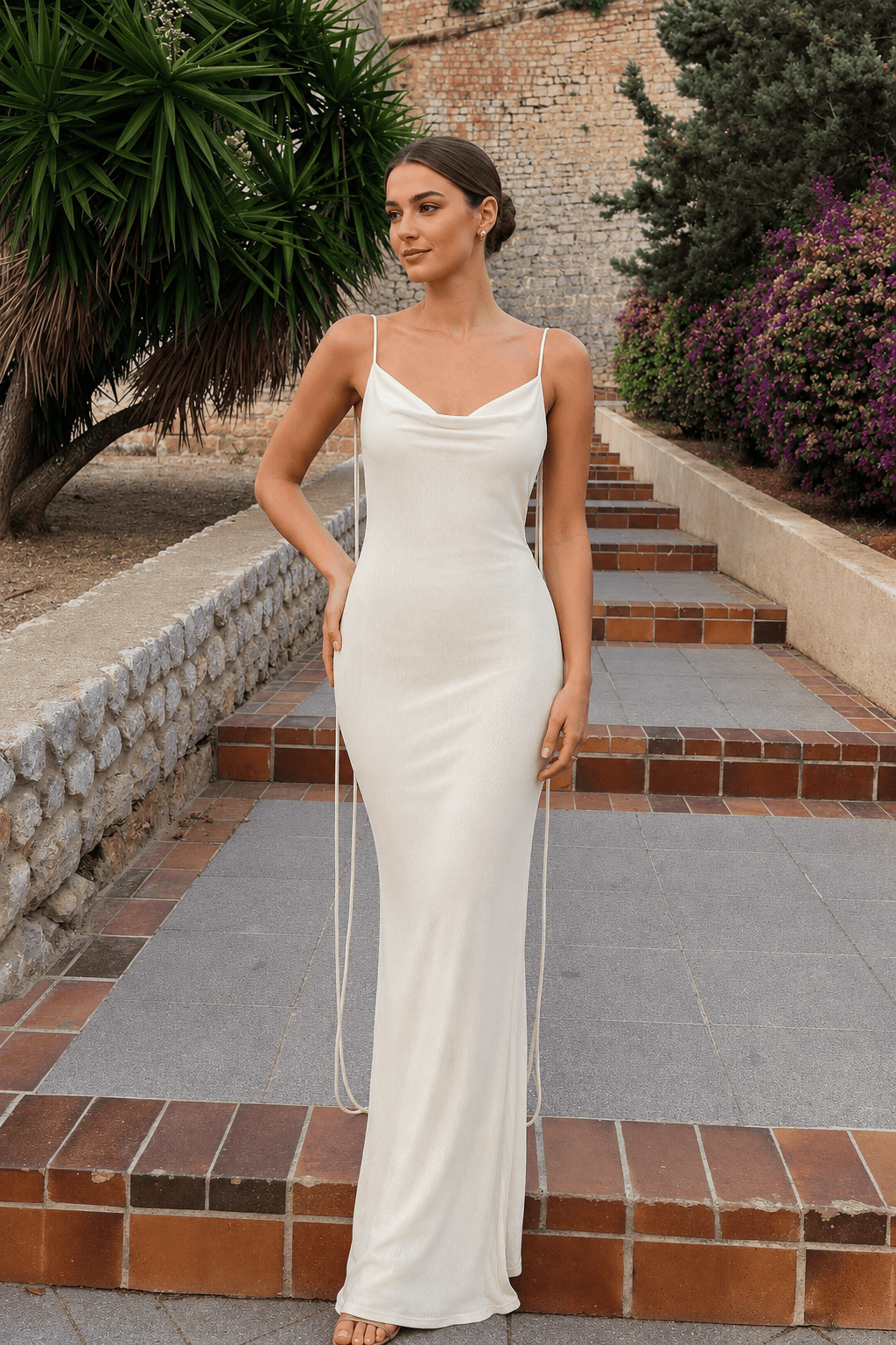 Solid Cowl Neck Tie Back Slim Slip Dress Main image