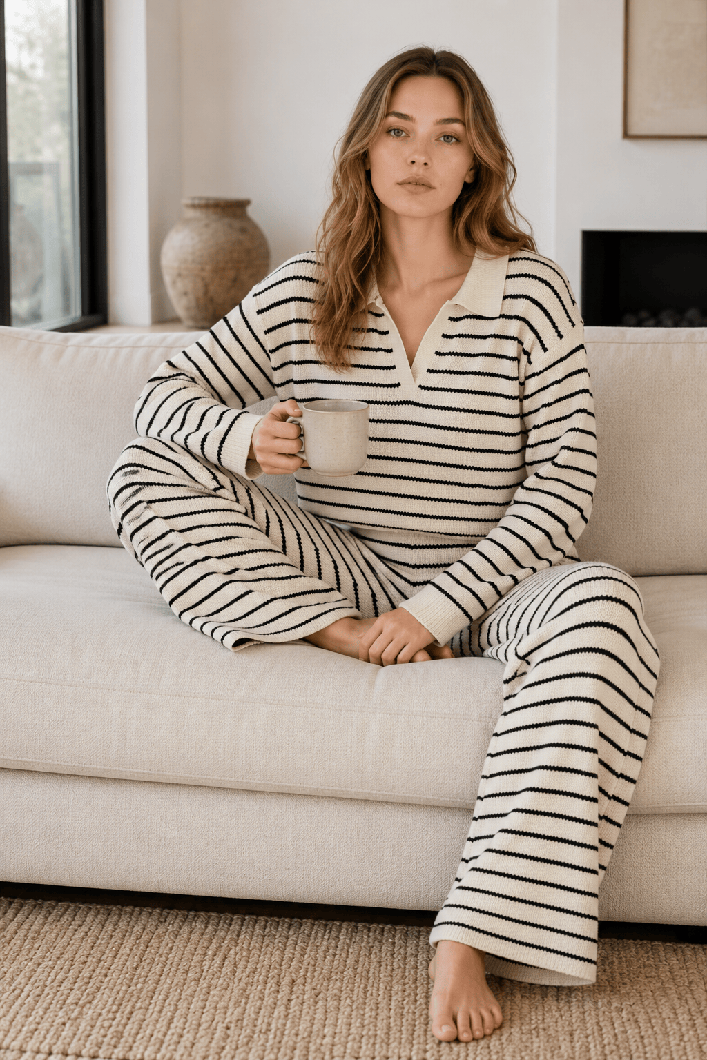 Striped Long Sleeve Pullover Wide Leg Two Piece Set