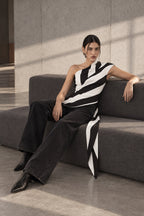 Striped Chiffon One Shoulder Tie Blouse