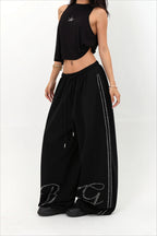 Rhinestone Script Drawstring Wide Leg Pants