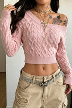Pink One Shoulder Cable Cropped Knit Sweater