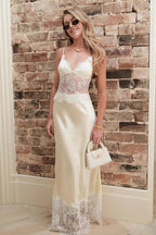 Low Plunge Lace Insert Open Back Lace Dress