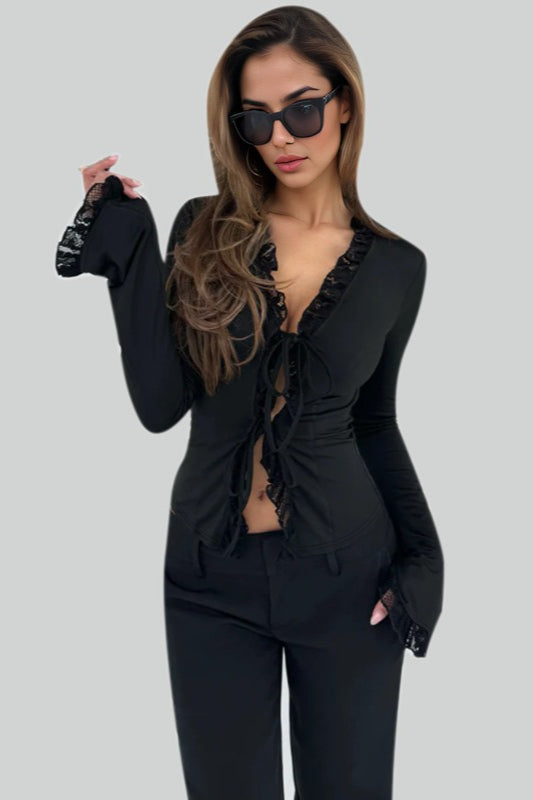 Flare Sleeve Tie Front Long Sleeve Top Secondary image