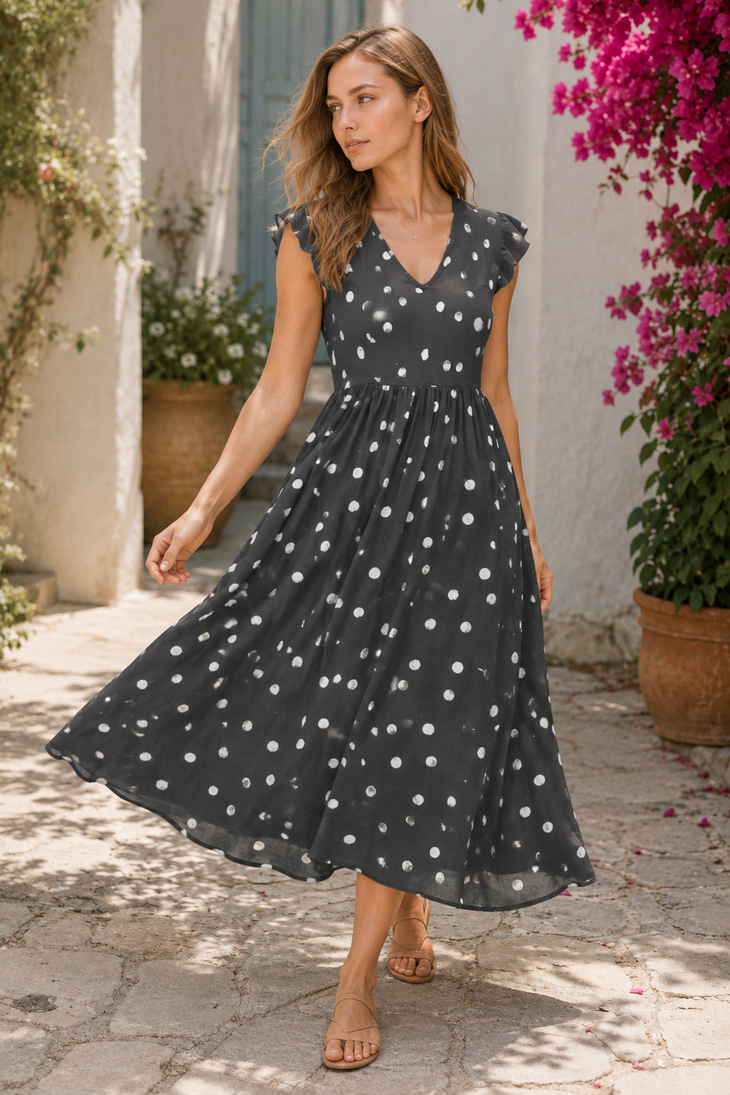 Polka Dot Print V-Neck Short Sleeve Dress
