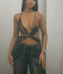 Cross-Spaghetti-Straps Bandage Ruffles Backless Cami Top