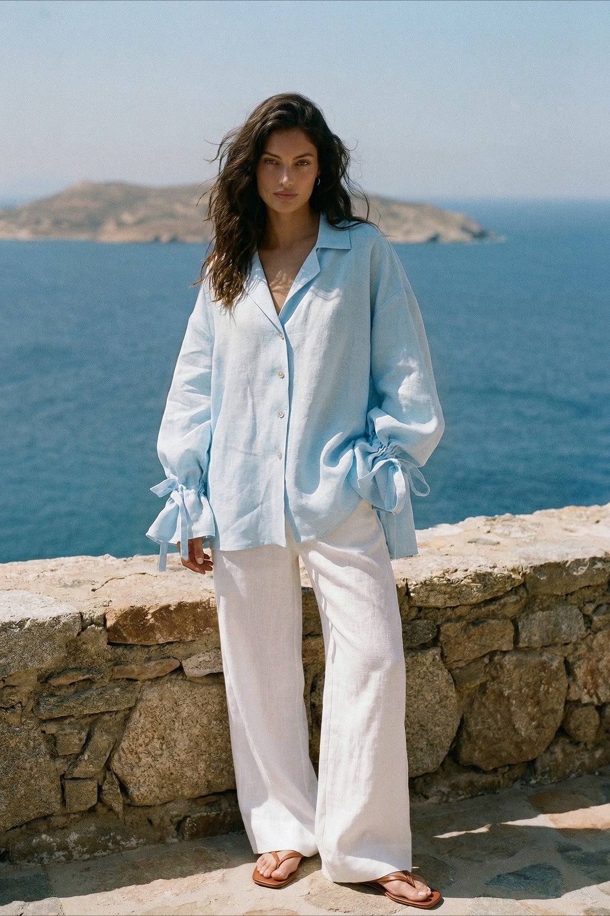 Tie Cuff Oversized Blue Long Sleeve Blouse