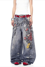 Three Dimensional Chain Print Wide Leg Jeans