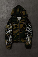 Camo Embroidered Graphic Zip Up Hoodie
