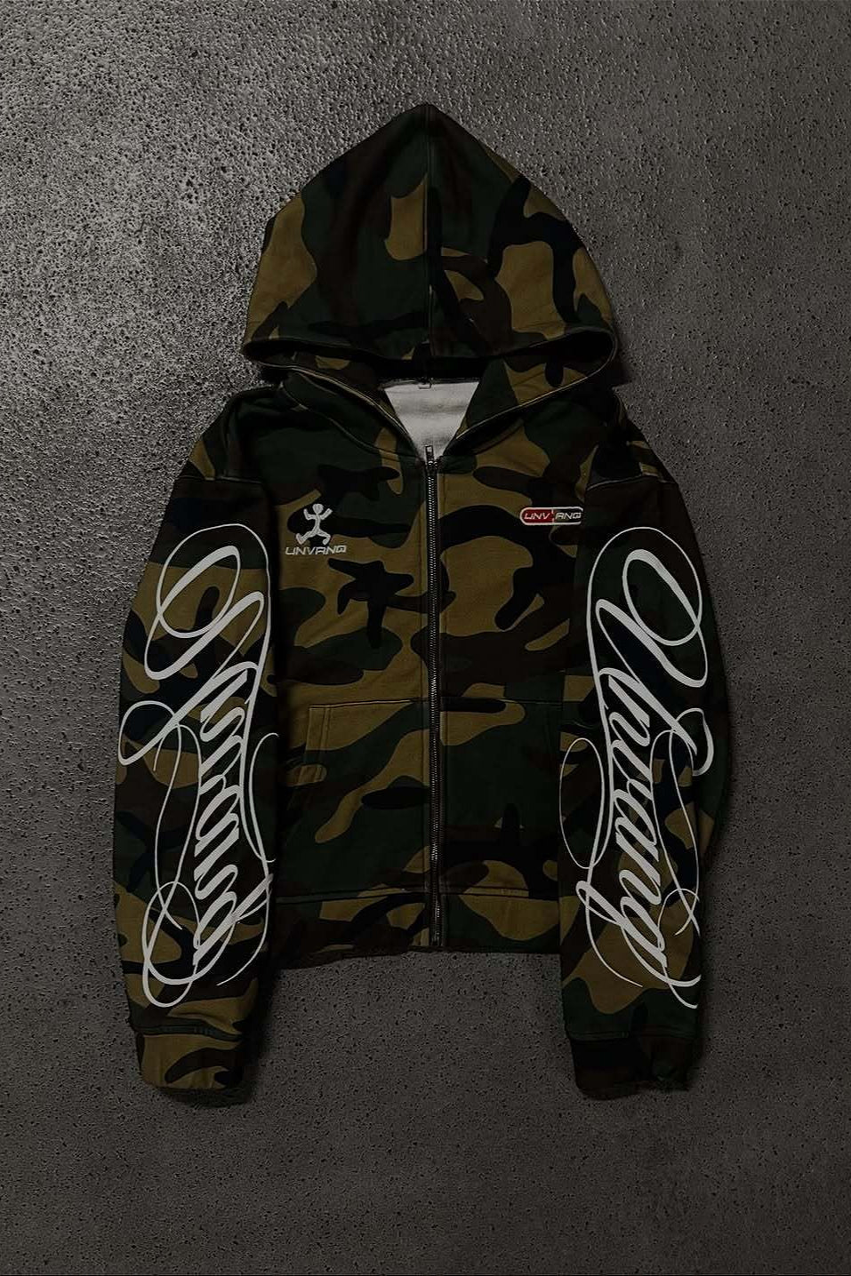 Camo Embroidered Graphic Zip Up Hoodie