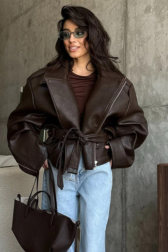 Cinched Waist Zipper Biker Jacket Main image