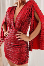 V Neck Bodycon Asymmetric Sequin Cocktail Dress