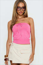 Striped Lace Up Strapless Knit Crop Top