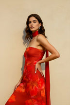 Satin Backless Strapless Print Vacation Dress