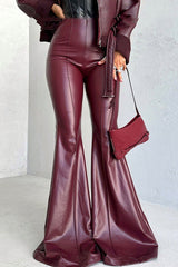 Solid Leather Slim Fit High Waist Flared Tight Casual Pants