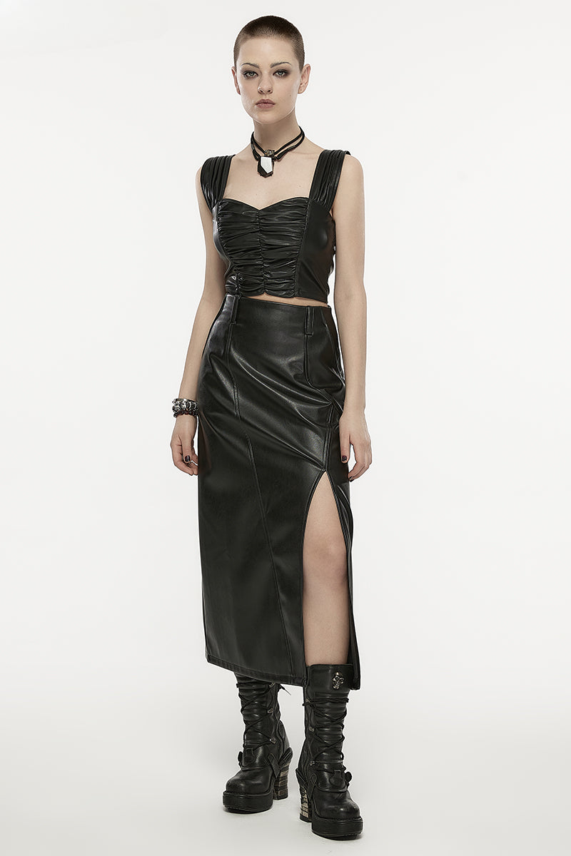 Women's A-line High Waist Split Faux Leather Daily Fashion Concise Female Black Skirt Main image