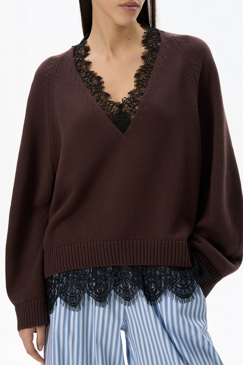 Lace Edge V Neck Relaxed Pullover Sweater