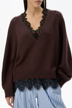 Lace Edge V Neck Relaxed Pullover Sweater