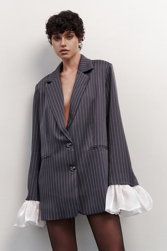 Striped Lace Ruffle Oversized Coat Main image