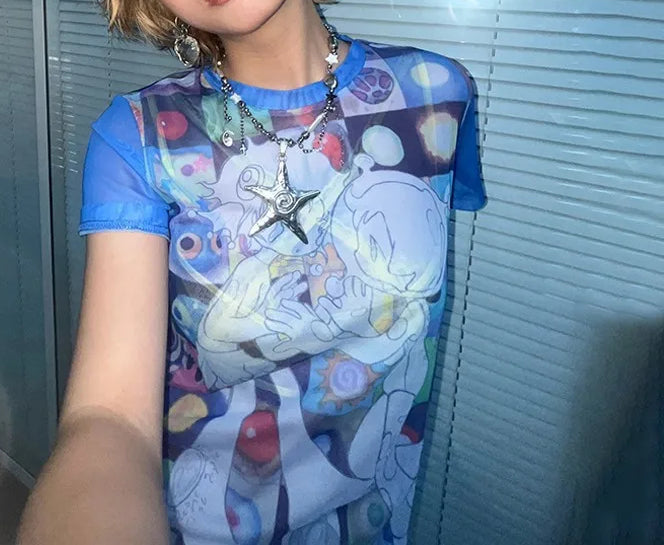 Japanese Y2k Anime Print Sheer Top Main image