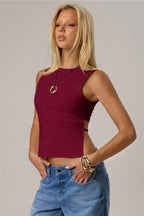 Burgundy Crew Neck Fitted Crop Top