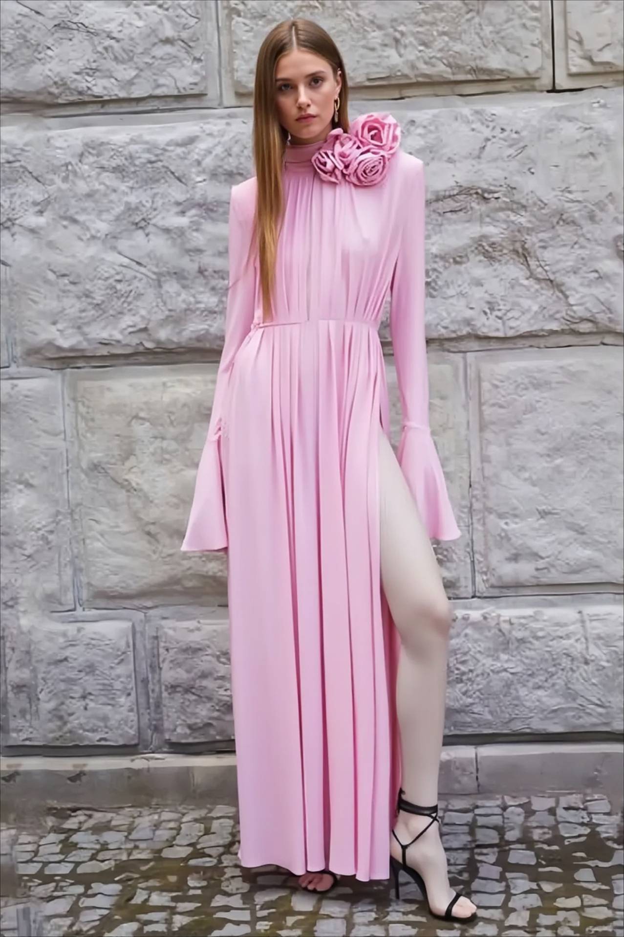 Elegant Retro Cutout Deep V Halter Ruched 3D Floral Party Dress Main image
