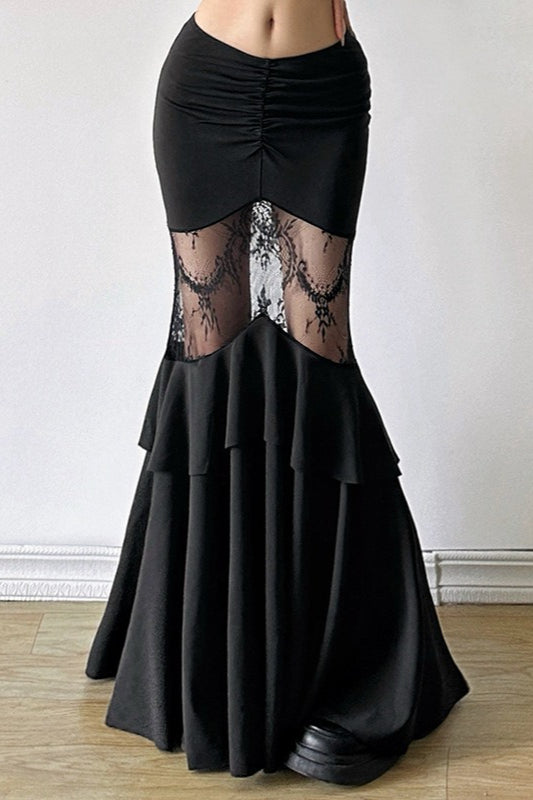 Black Lace Panel Tiered Maxi Skirt Secondary image