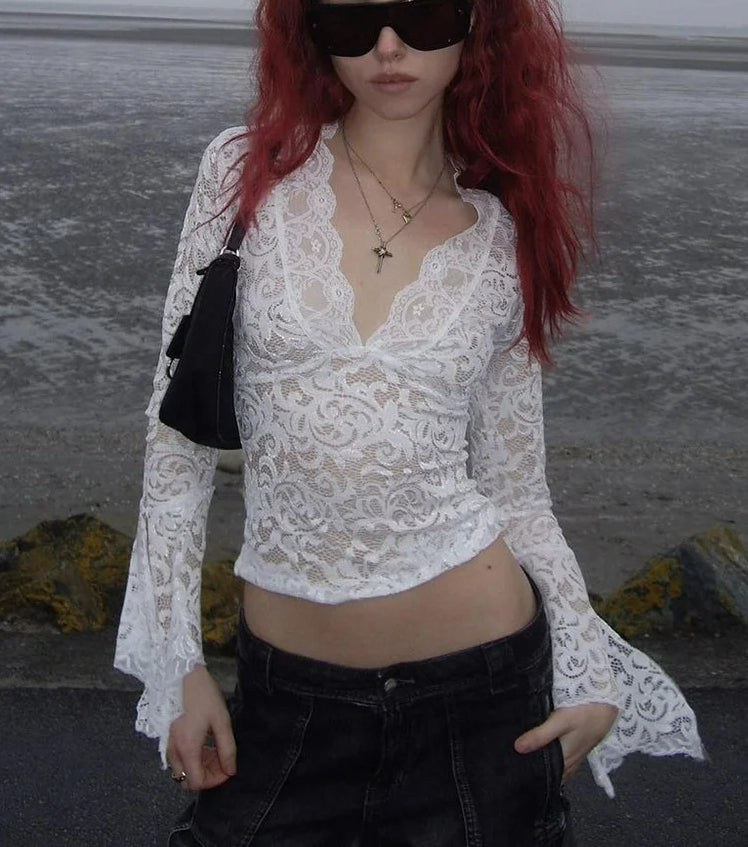 Lace Hook Flower Hollow Mesh Sheer Top Secondary image