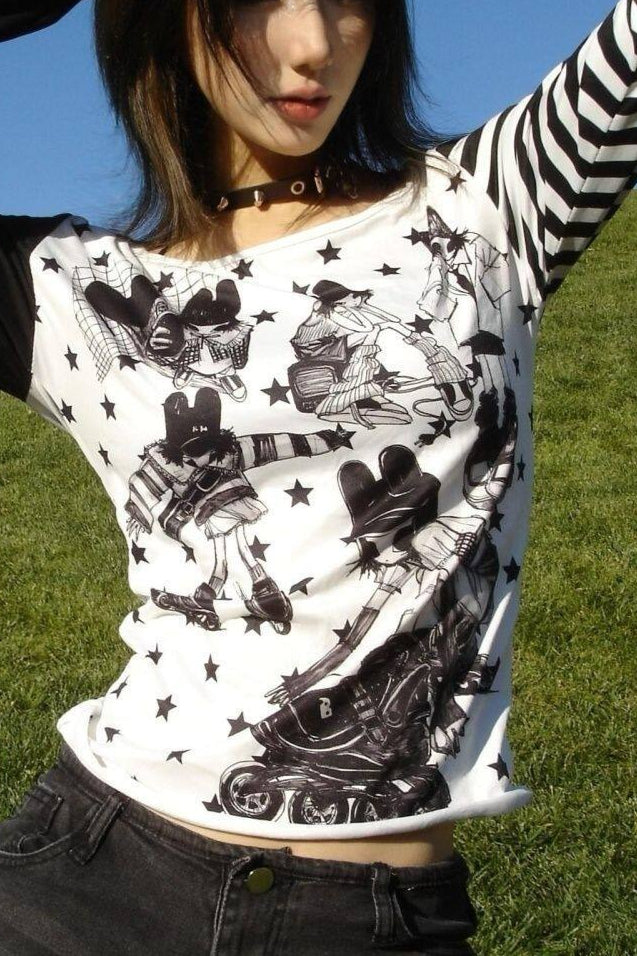 Star Stripe Asymmetric Layered Long Sleeve T-Shirt