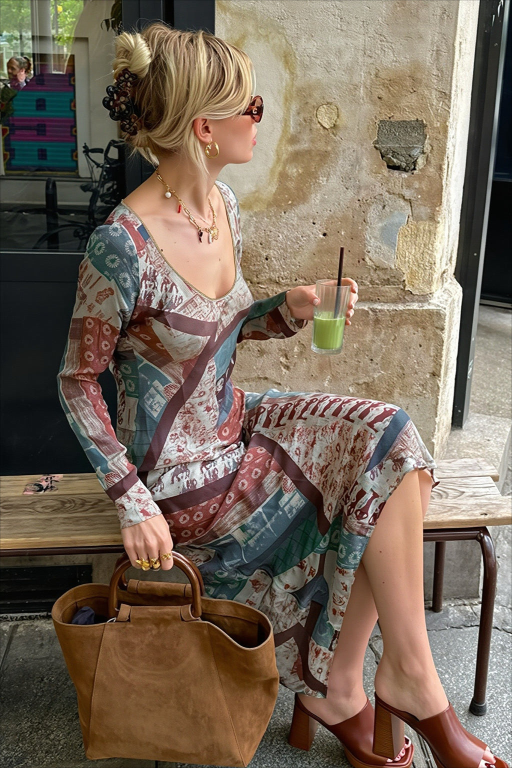 Abstract Print V Neck Long Sleeve Maxi Party Dress