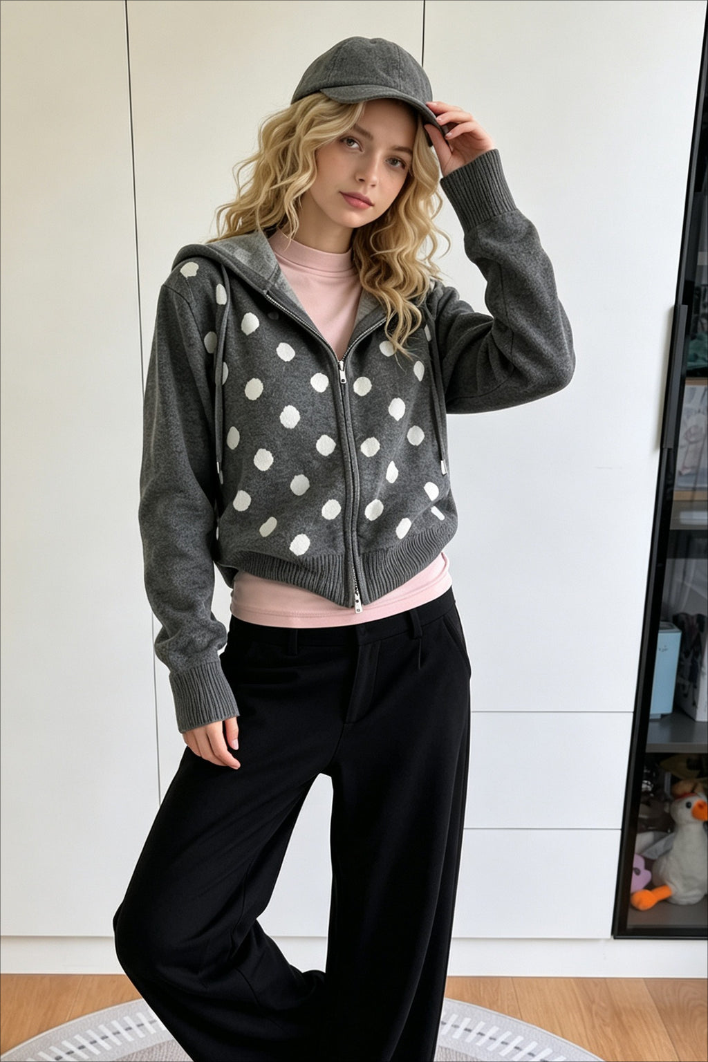 Polka Dot Oversized Knit Cardigan Hoodie