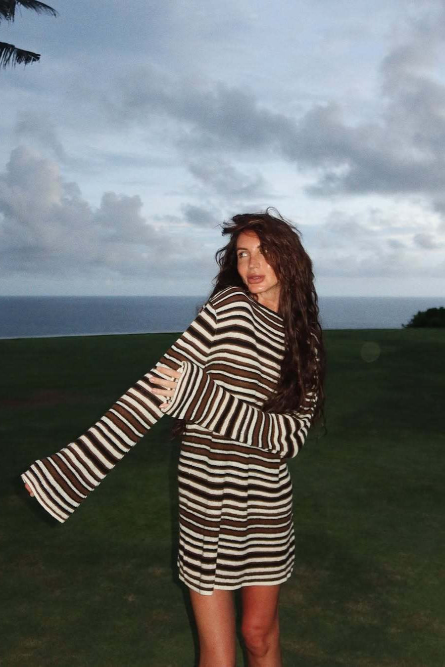 Striped Open Back Loose Long Sleeve Mini Dress
