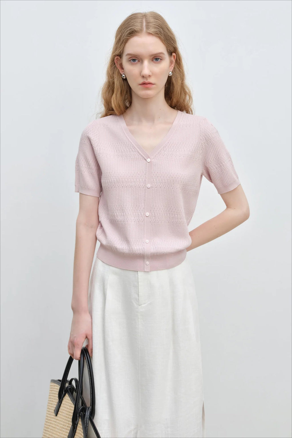 French Knit V-Neck Short Sleeve Cardigan