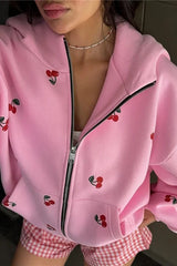 Cherry Print Zip Up Hoodie