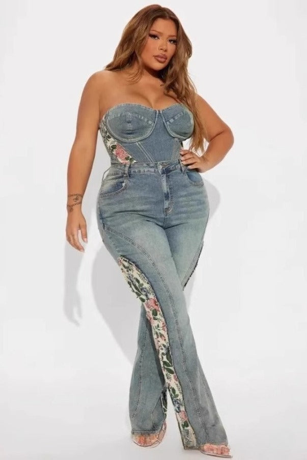 Floral Paneled High Stretch Flare Slim Stylish Jeans Secondary image