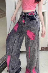 Graffiti Print High Street Straight Wide Leg Flowy Jeans