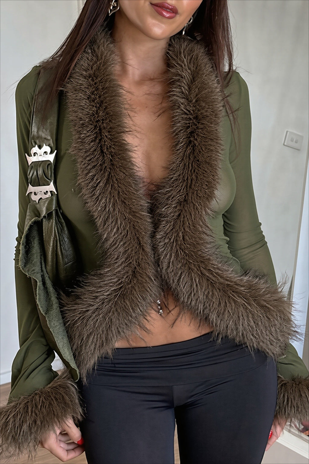 Fuzzy Trim Sheer Mesh Long Sleeve Crop Top