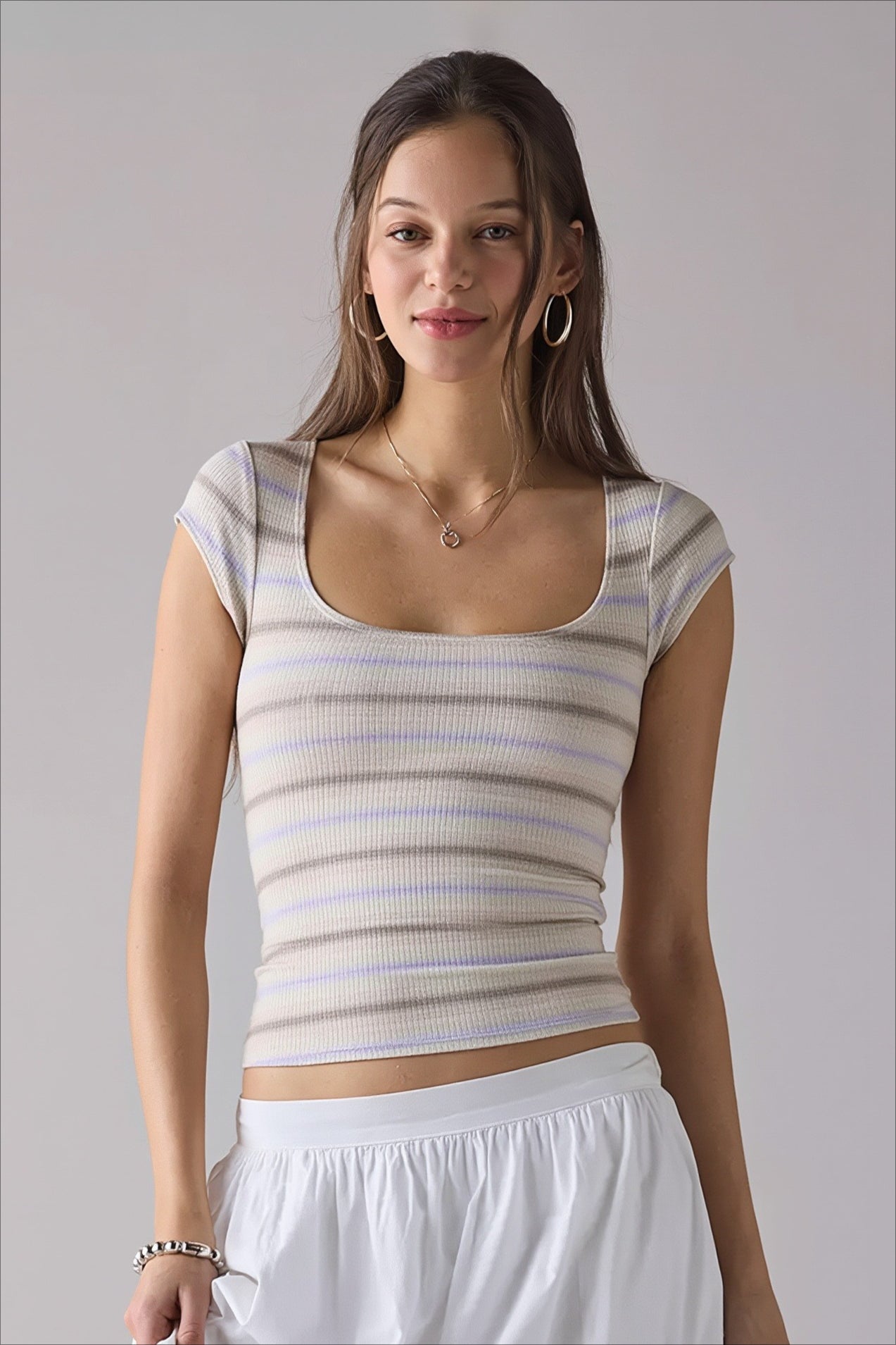 Printed Ribbed Square Neck Fitted Crop Top