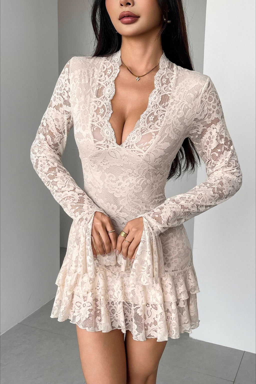 V Neck Ruffled Lace Dress