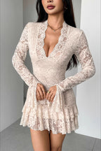 V Neck Ruffled Lace Dress